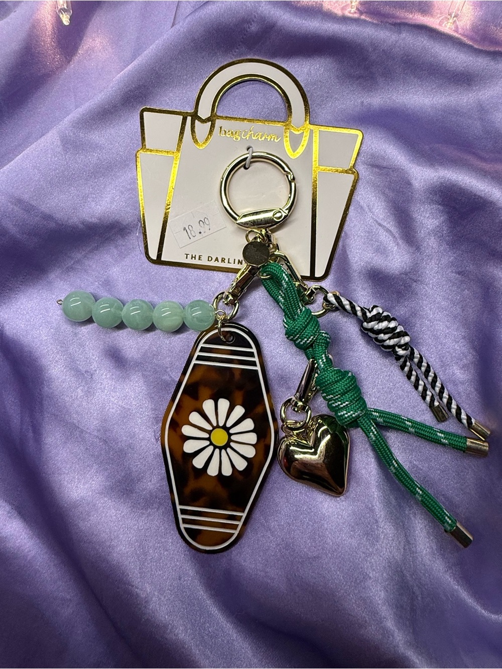 The Darling Effect Bag Charm Keychain with Green Tassel & Daisy Accent